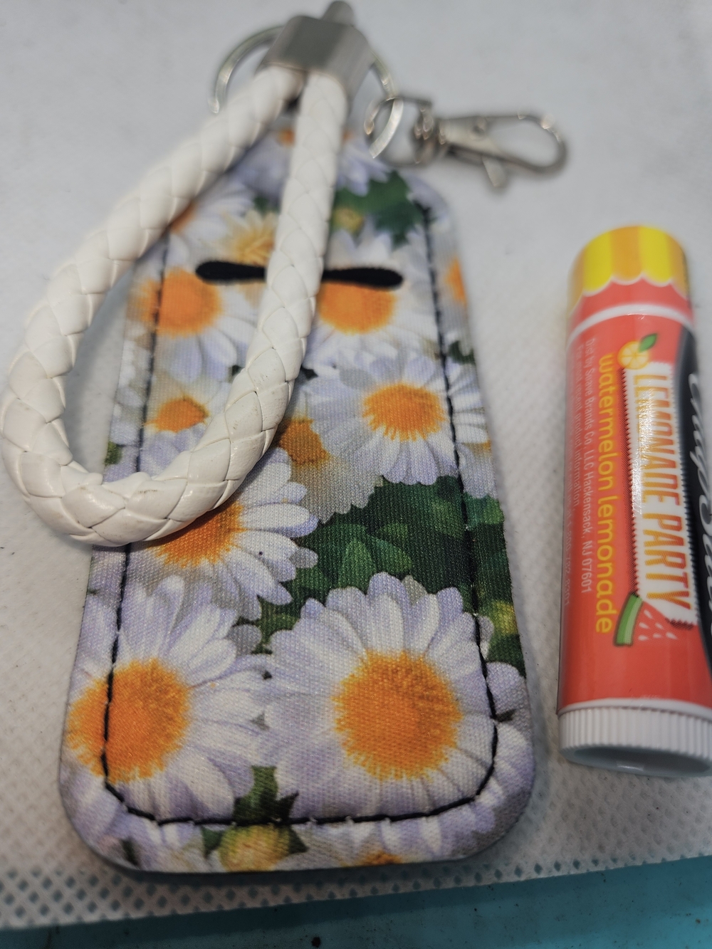 Daisy Floral Lip Balm Holder with White Braided Wrist Strap